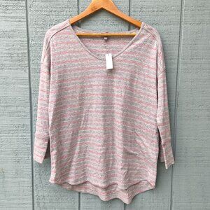 NWT T by Talbots Striped Cotton Drop Shoulder Tee sz L Gray Pink Active Lounge